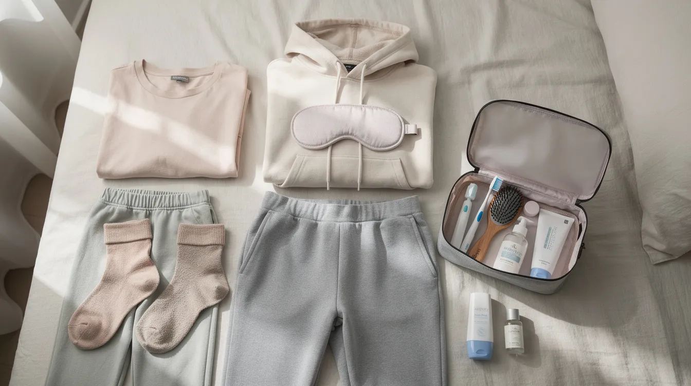 Sobre una cama se encuentran organizados ropa cómoda y artículos de cuidado personal, ideales para la recuperación de mujeres después de una labioplastia. Estos elementos ofrecen comodidad y facilitan el proceso de cuidado postoperatorio tras la cirugía.