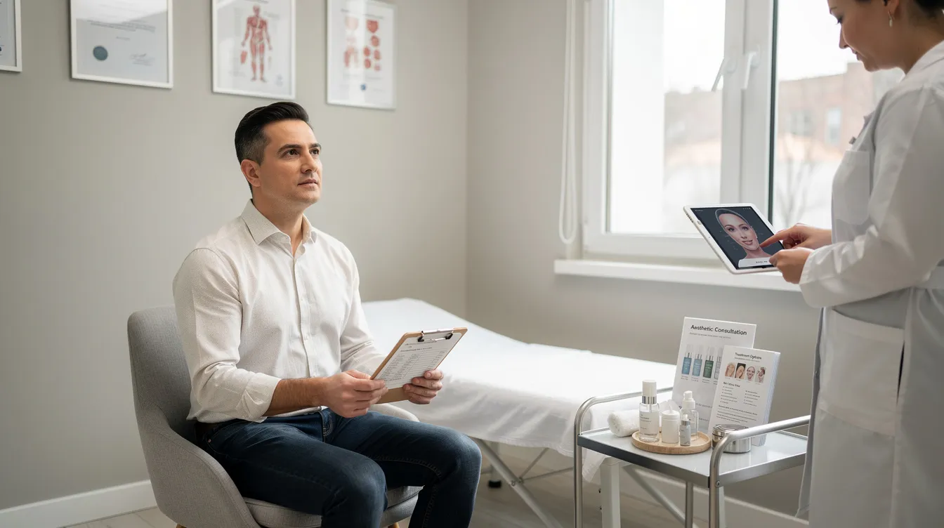 The image shows a patient sitting in a consultation room, preparing for an aesthetic consultation regarding body contouring treatments. The environment is calm and professional, reflecting the focus on procedures like tummy tucks and nonsurgical fat reduction to address stubborn fat and achieve a toned appearance.