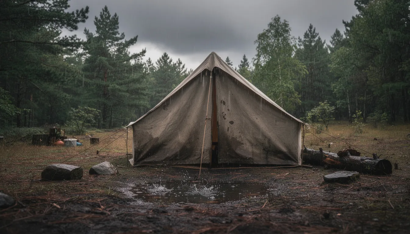 A weathered survival tent stands in a forest clearing, surrounded by trees, as rain falls from the grey skies above. The tent, designed for extreme weather, offers a comfortable shelter with enough room for a sleeping bag and gear, making it a great option for emergency preparedness during hiking trips.