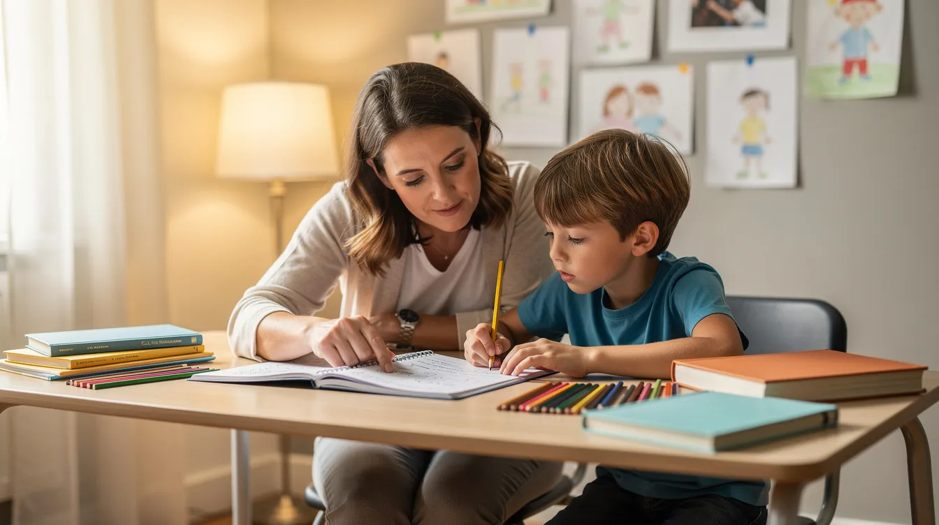 A parent and a young child are sitting together at a study desk, engaged in a collaborative review of schoolwork in a bright and inviting home environment. This scene emphasizes the importance of supporting children's academic skills and addressing any learning difficulties they may face, fostering their ability to thrive academically.