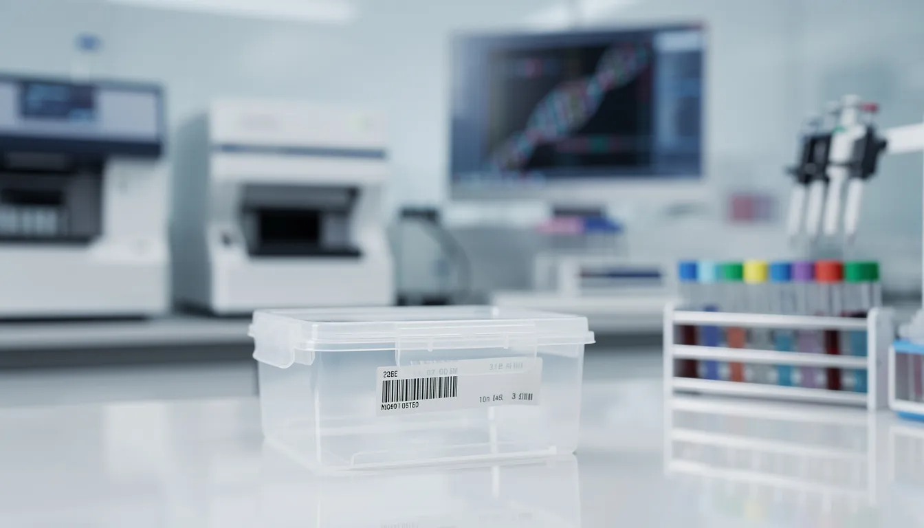 Na zdjęciu znajduje się laboratoryjna próbka umieszczona w sterylnym pojemniku, umiejscowiona na tle nowoczesnego wyposażenia laboratorium genetycznego. Próbka może być wykorzystana do badania genetycznego płodu, co jest istotne w ustalaniu przyczyny poronienia oraz diagnozowaniu ewentualnych wad genetycznych.