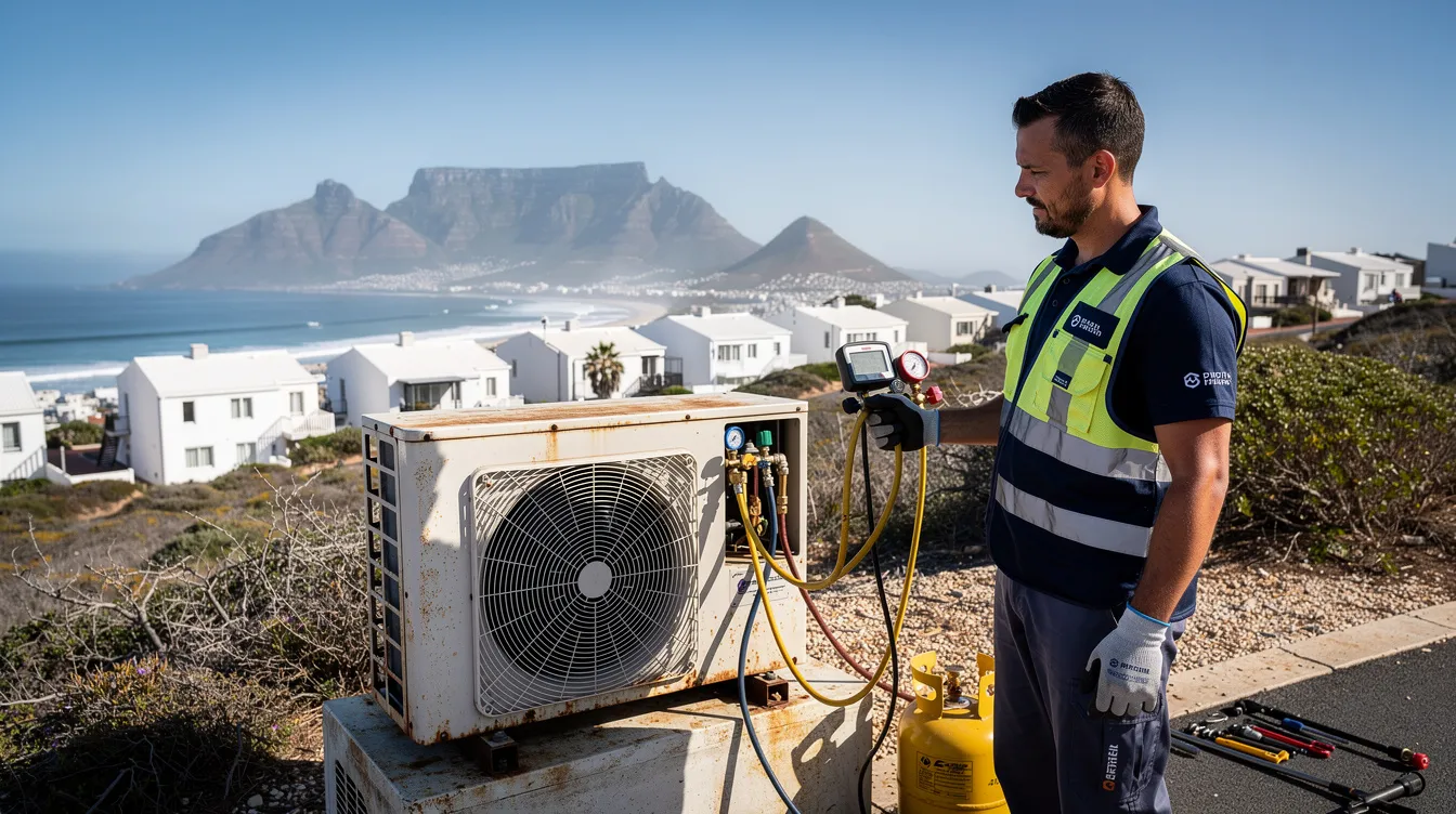 An air conditioning technician is inspecting the refrigerant levels in an outdoor unit in Bloubergstrand, Cape Town. The technician is focused on ensuring the air conditioning system operates efficiently, providing a comfortable environment for homes and businesses.