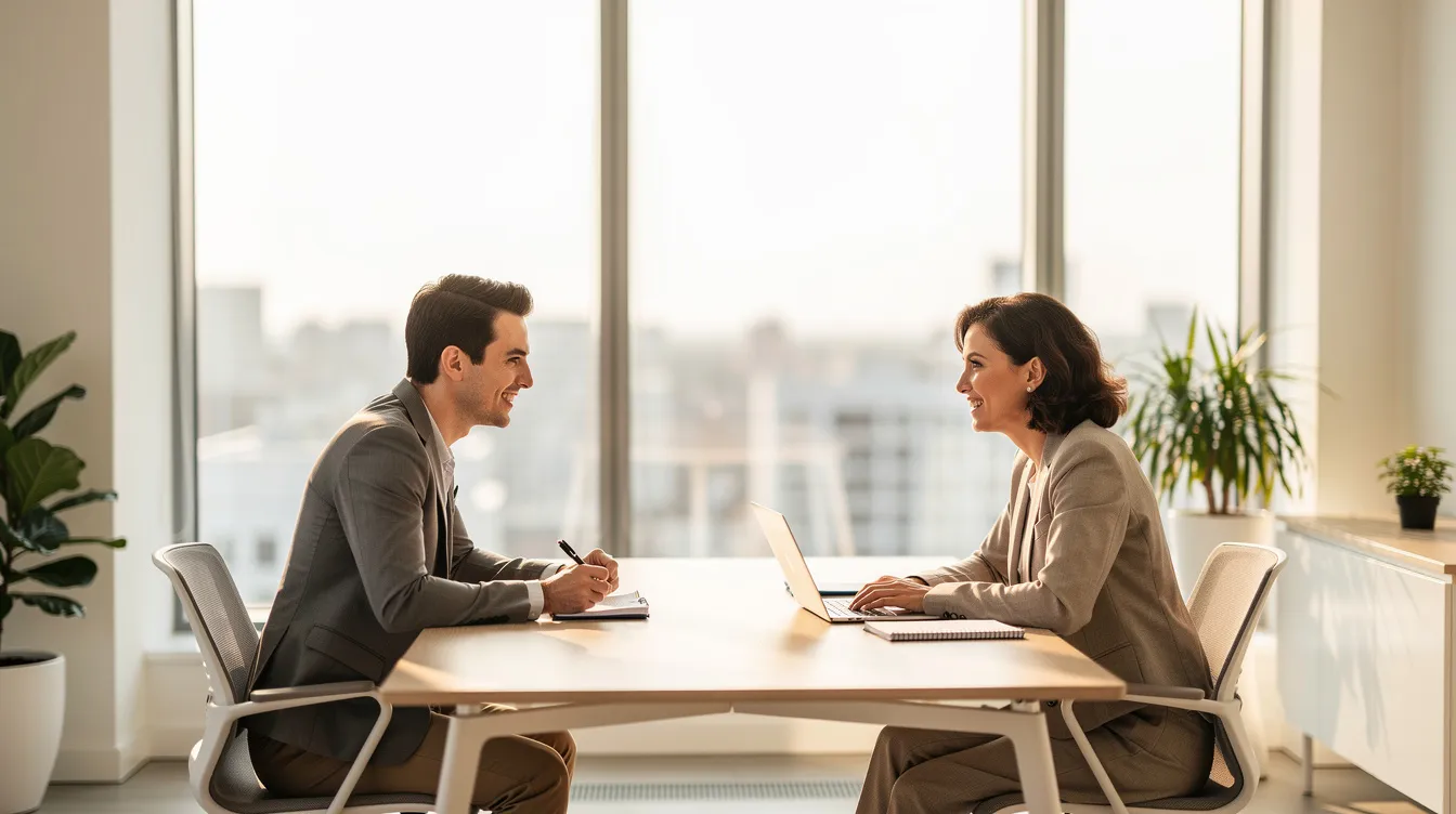L'image montre une séance de coaching en face à face dans un bureau lumineux, où un coach et un manager discutent de stratégies de développement et de gestion des compétences. L'atmosphère est collaborative, favorisant l'échange d'idées pour améliorer les performances et le bien-être au sein de l'équipe.