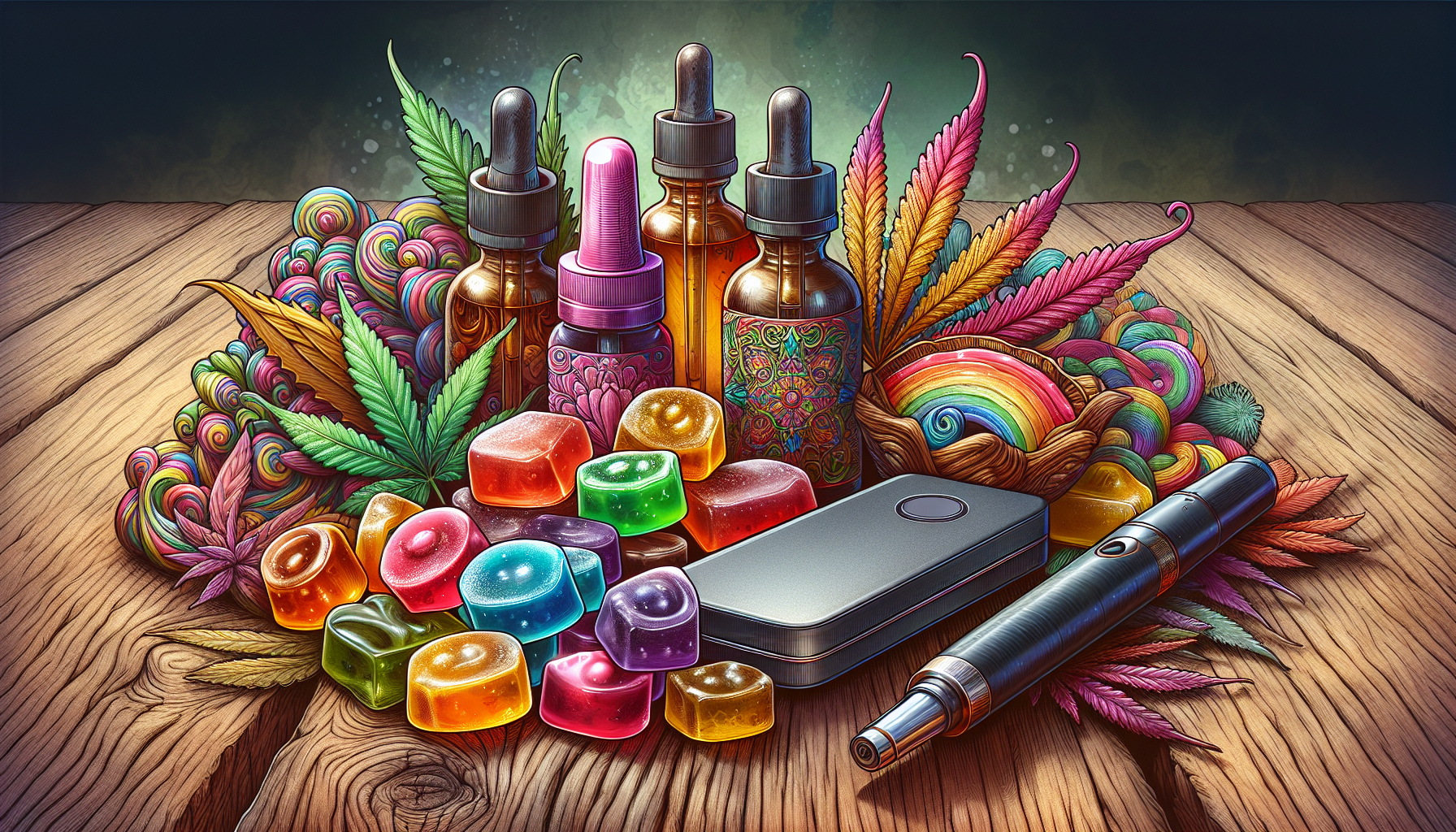 An illustration of various methods for microdosing cannabis, including gummies and tinctures.