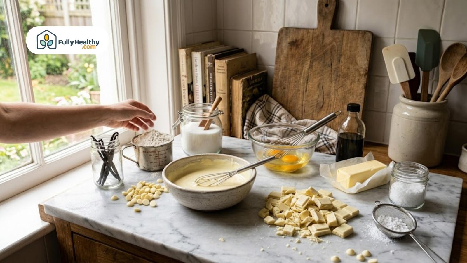 Baking ingredients arranged on countertop with mixing bowls and chocolate pieces