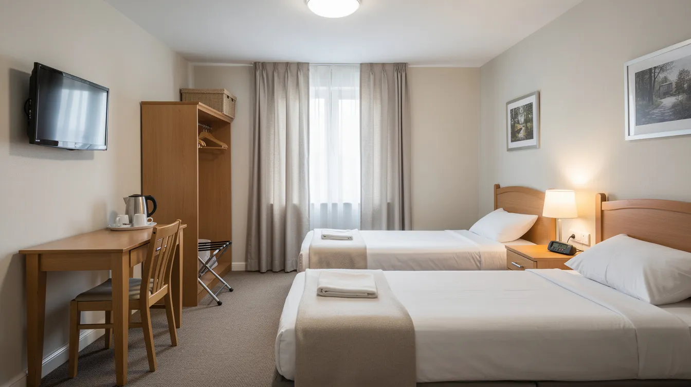 b6a58ffc 0bef 4e5a a246 2b9f6eb02b19 The image depicts the interior of a clean and simply furnished budget hotel room featuring two beds, basic amenities, and minimalistic decor, suitable for guests seeking affordable accommodation. This budget-friendly hotel is an example of hospitality projects that focus on providing essential services to travelers.