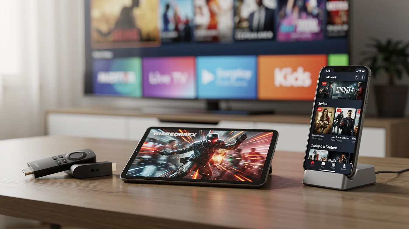 The image shows a desk with multiple devices, including a tablet, smartphone, and streaming stick, each displaying different TV content from various IPTV services. This setup highlights the versatility of internet protocol television and its ability to provide live TV channels and on-demand content for entertainment enthusiasts.