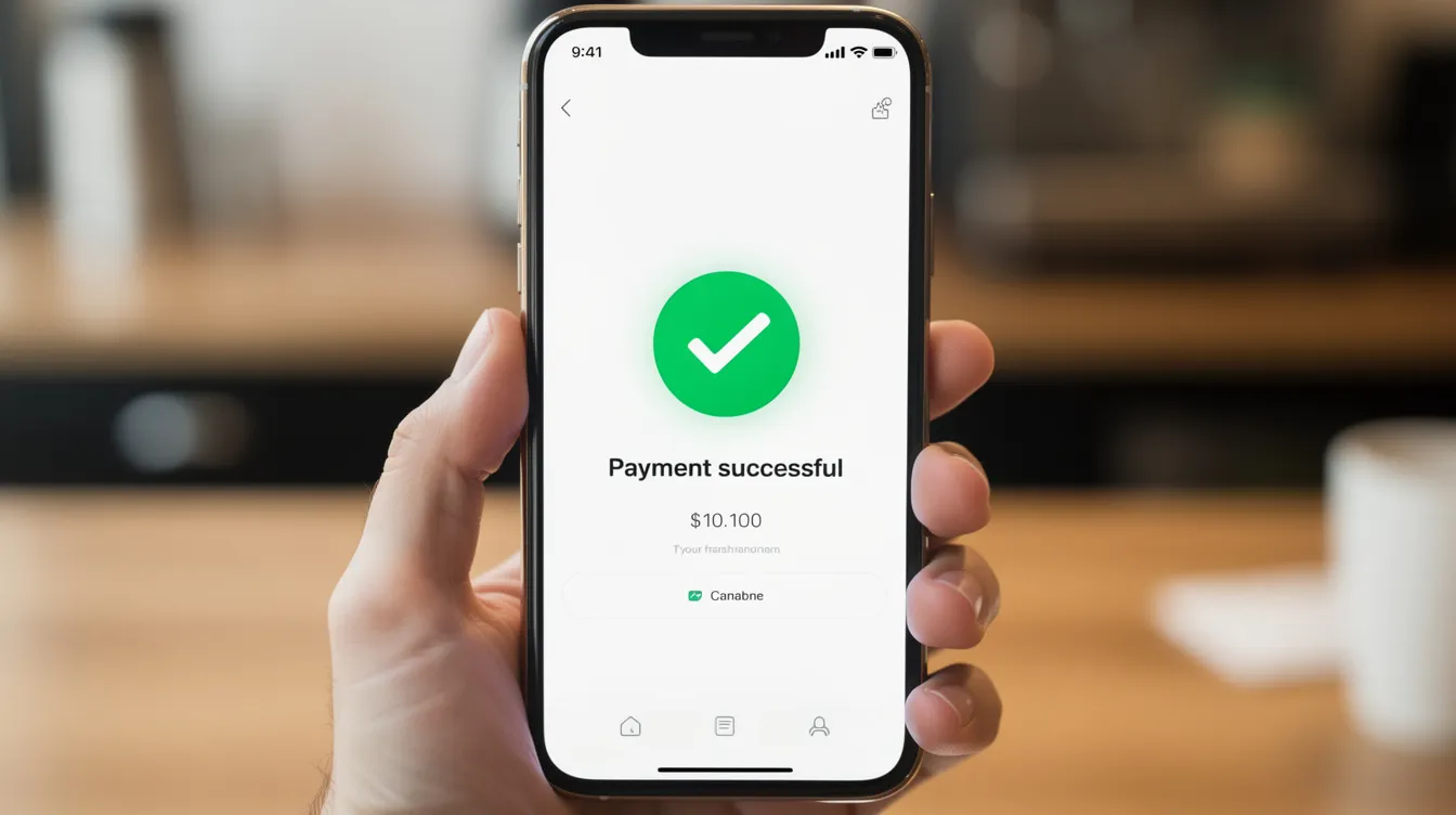 The image shows a smartphone screen with a vibrant green checkmark, indicating a successful mobile payment transaction. This visual confirms that you can easily send money online, such as through MTN mobile money, with just a few taps.