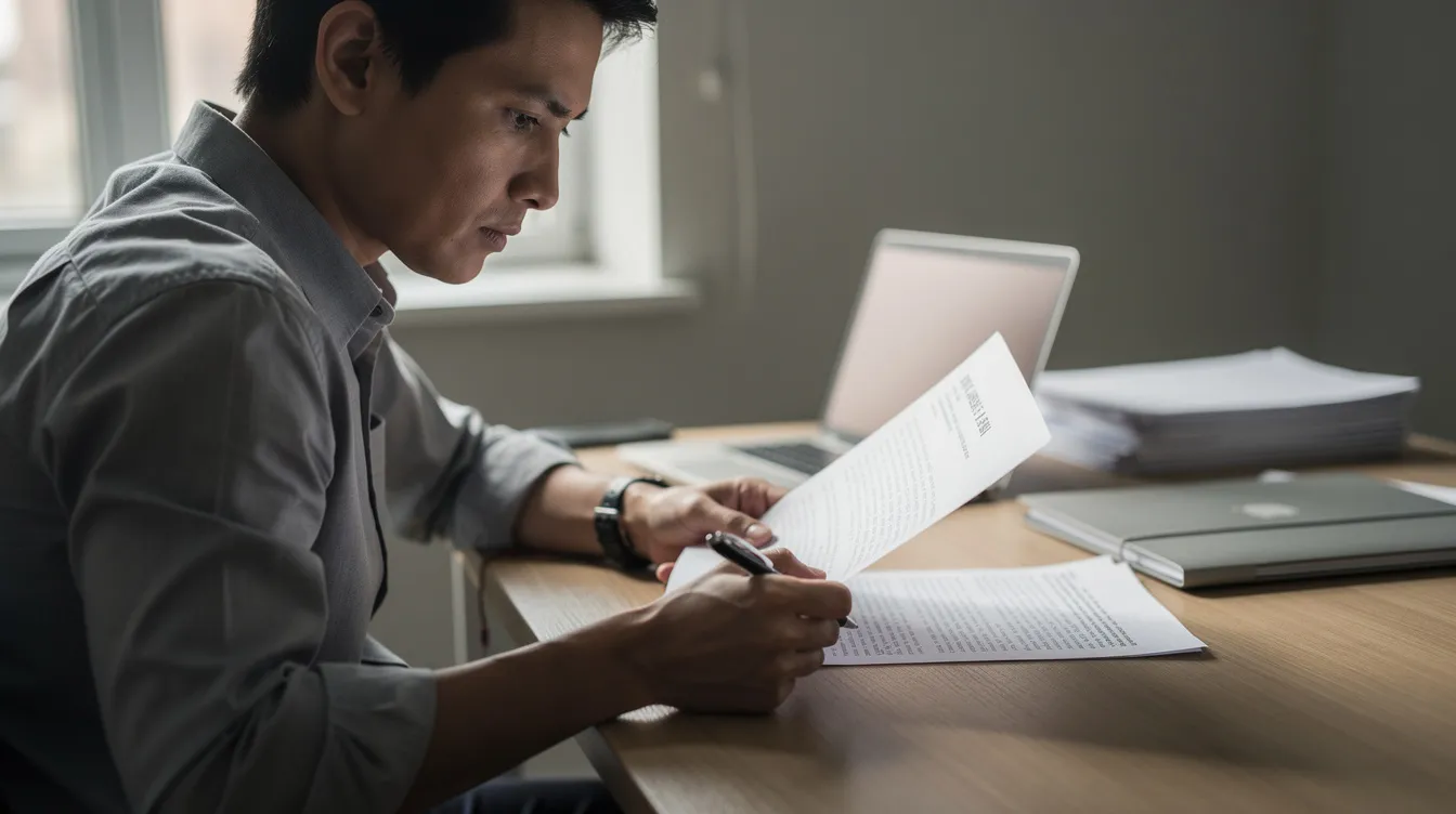 b6a8d719 fd26 448a b4ac 2219a0de4ca1 A focused individual is seated at a desk, carefully reading a document related to their loan application, with a pen in hand, suggesting they are considering financial assistance options like mudra loans for their small business. The scene conveys an atmosphere of diligence as they assess their eligibility and prepare necessary documents for securing funding.