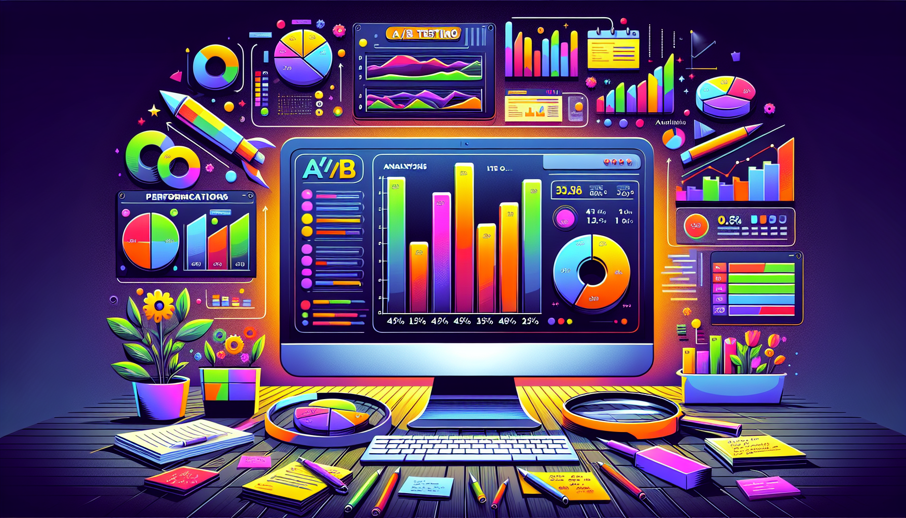 An illustration of analyzing A/B test results, featuring graphs and data metrics.