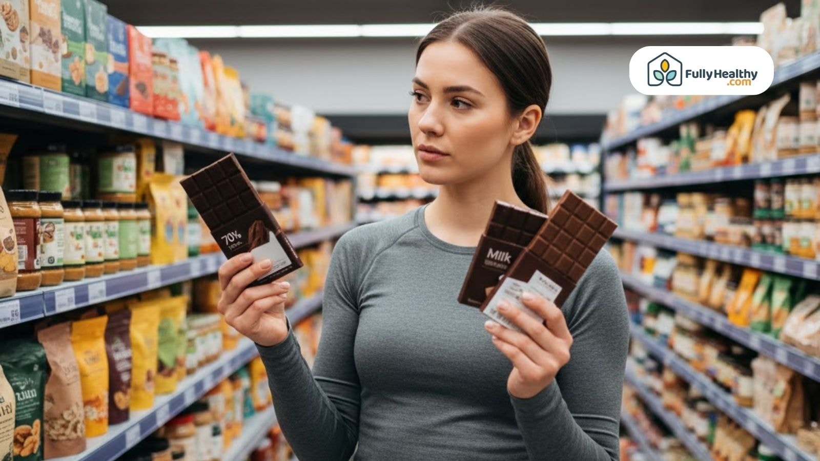 Woman comparing dark and milk chocolate bars in grocery aisle