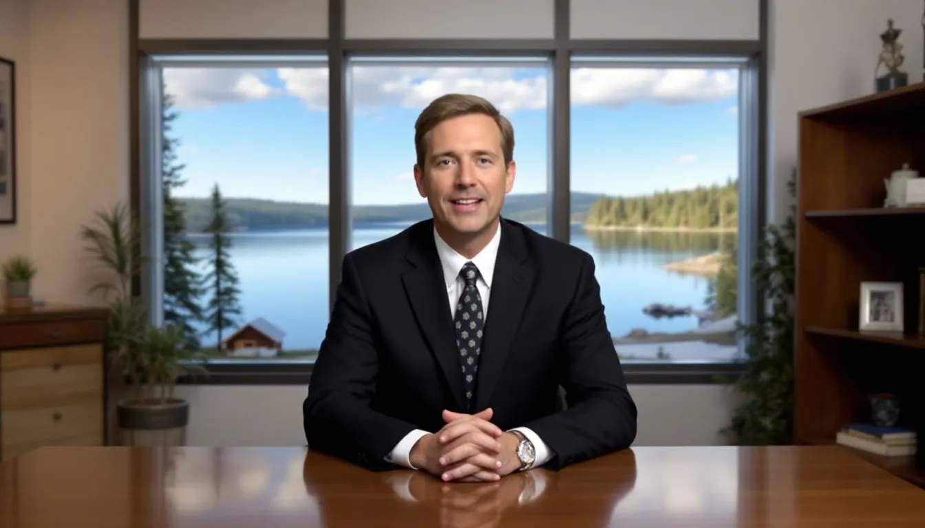 An employment lawyer is seen in an office setting, discussing legal rights with clients against a scenic Minnesota backdrop. The attorney provides guidance on employment law matters, ensuring clients understand their rights regarding workplace issues and legal protections.