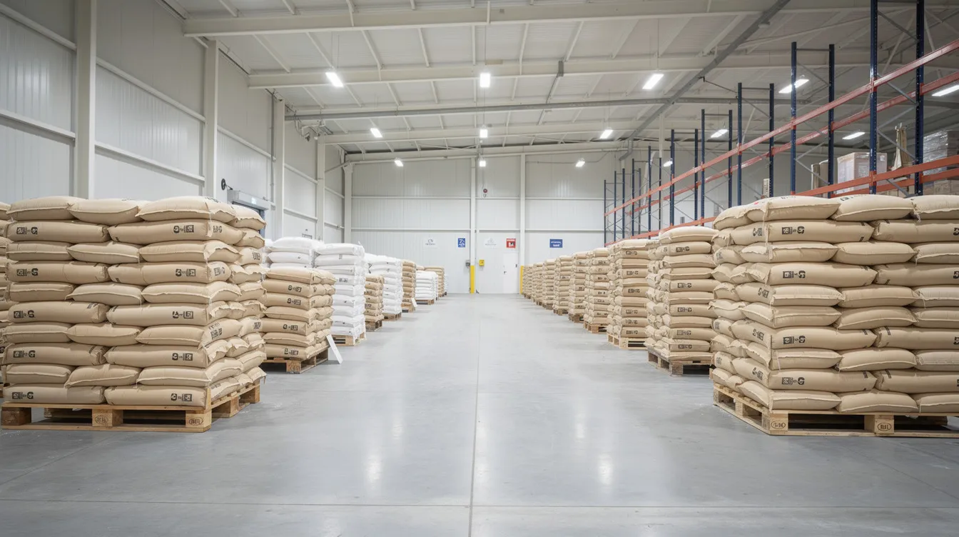 The image depicts the interior of a warehouse featuring neatly stacked bags of grain on wooden pallets, emphasizing a clean and dry storage environment ideal for preserving the quality and shelf life of food products. The organized setup reflects a commitment to safety and proper storage practices, crucial in preventing food adulteration.