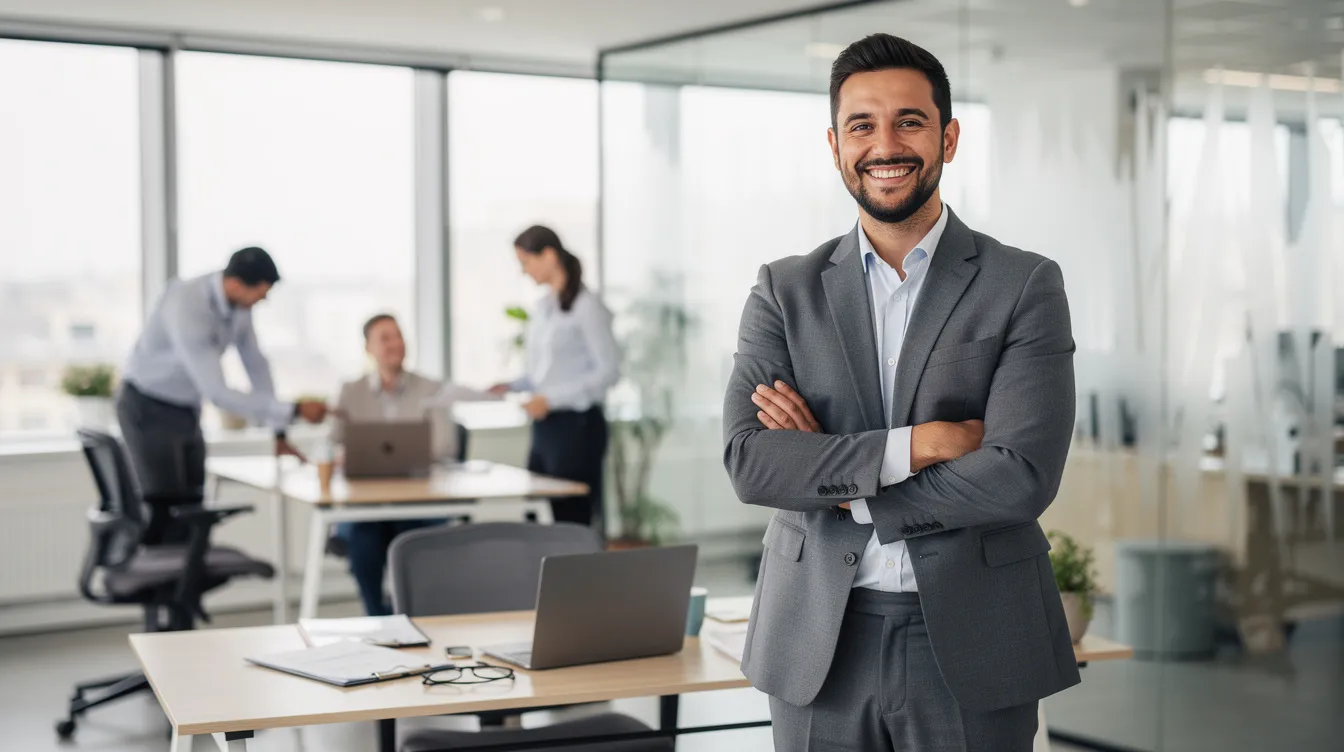 A confident small business owner stands in a modern office, radiating happiness after successfully securing funding to grow their company. This moment illustrates the opportunity for small business owners to expand their operations and access fast funding options.