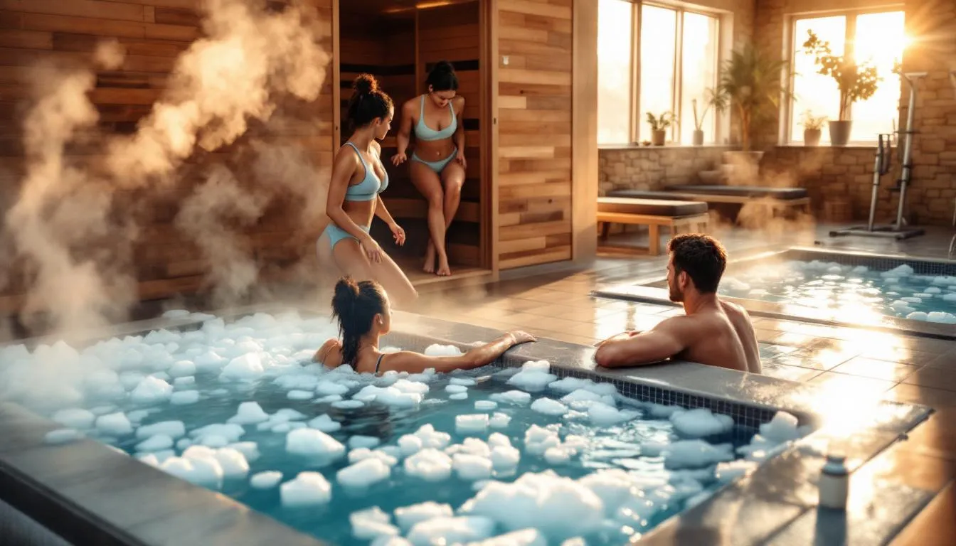 The image shows a group of people engaging in contrast therapy, alternating between a hot sauna and cold plunge pools. This recovery method is believed to improve blood flow, reduce muscle soreness, and enhance overall well-being through the combination of heat and cold exposure.