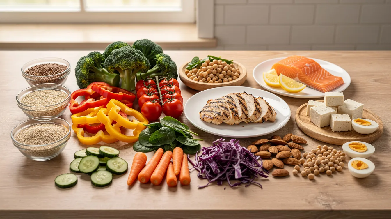 The image shows a kitchen counter beautifully arranged with an assortment of healthy foods, including vibrant vegetables and protein sources, promoting overall health. Incorporating such nutritious options can also support hair health and growth, benefiting hair follicles and improving hair quality.