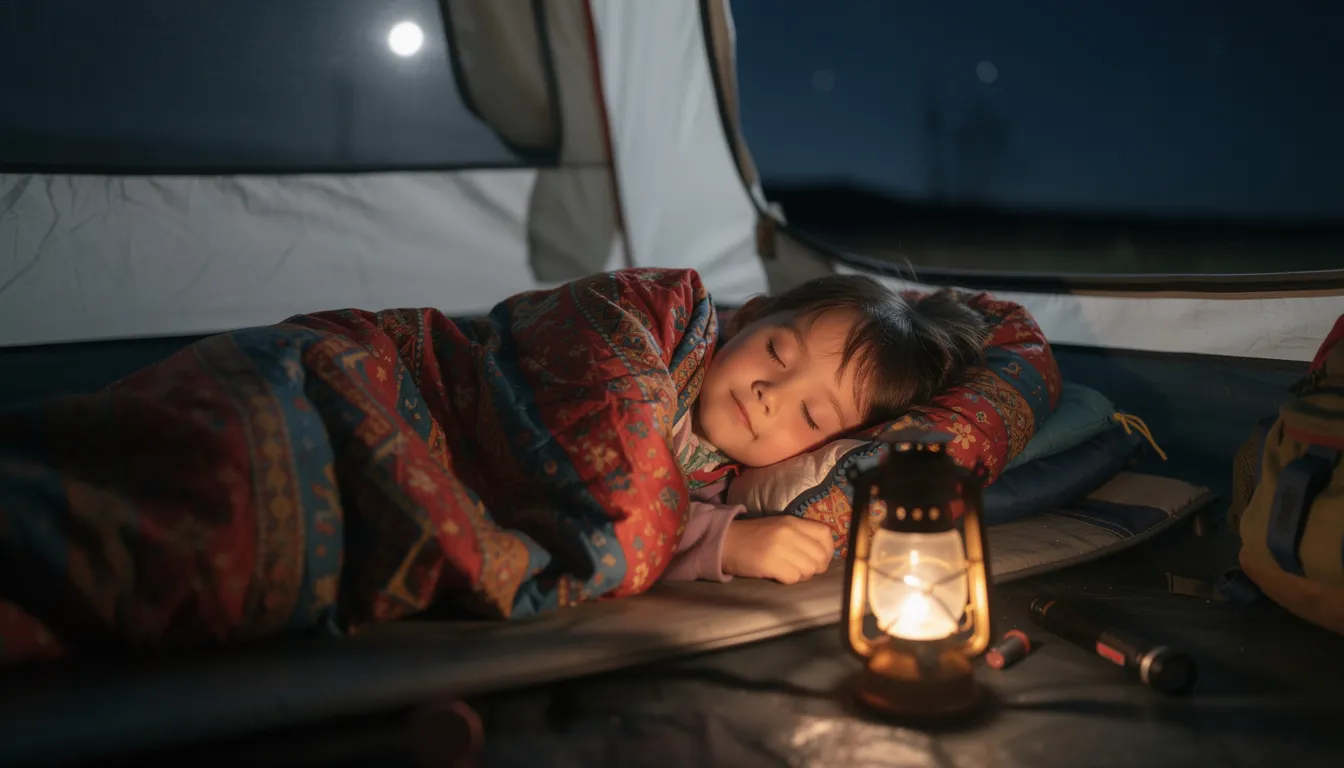 A child is sleeping peacefully inside a colorful kids sleeping bag, nestled comfortably within a camping tent, surrounded by the cozy atmosphere of their first camping trip. The mummy-shaped bag provides warmth and comfort, making it perfect for chilly nights outdoors.