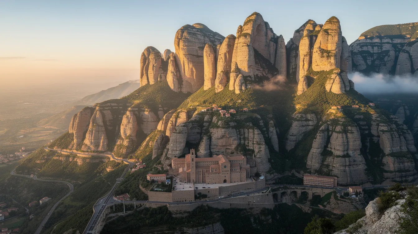 A imagem mostra a impressionante montanha de Montserrat, na Espanha, com suas formações rochosas únicas e o mosteiro localizado em meio às serras. Este destino é uma maravilha para viajantes em busca de turismo e atividades ao ar livre, oferecendo vistas deslumbrantes e um ambiente tranquilo para famílias e grupos.
