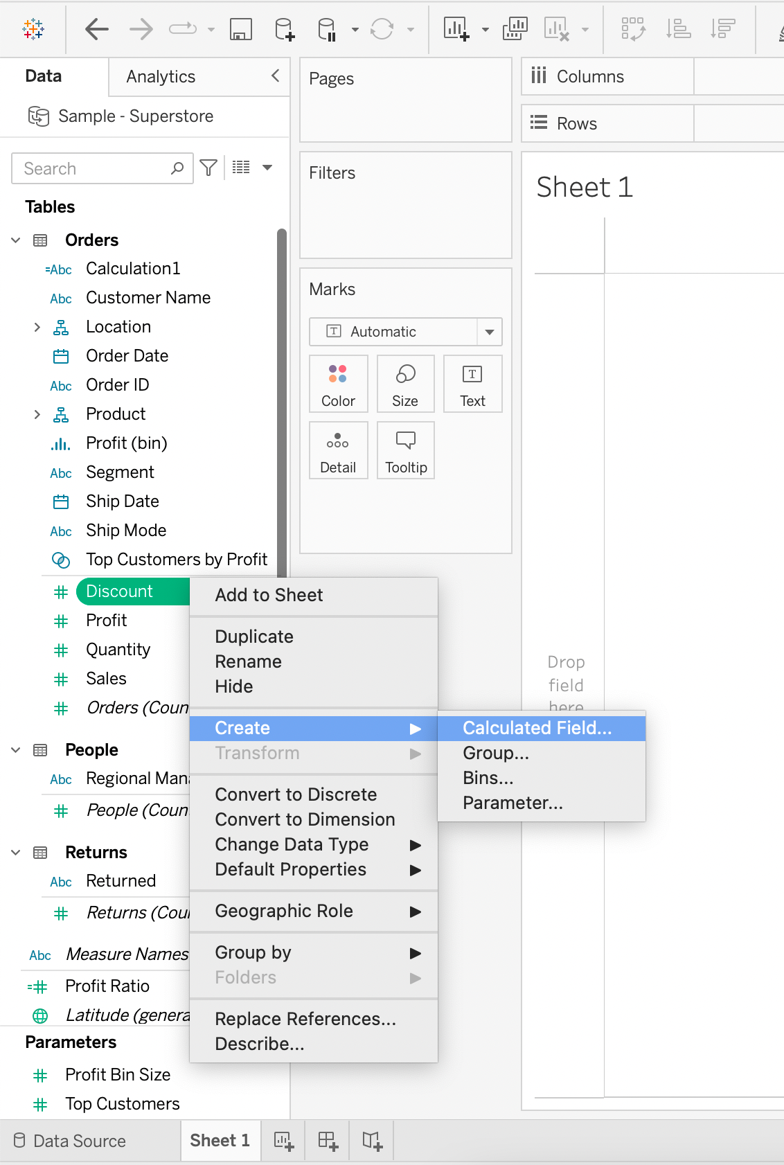 Create calculated field in Tableau by clicking on existing field