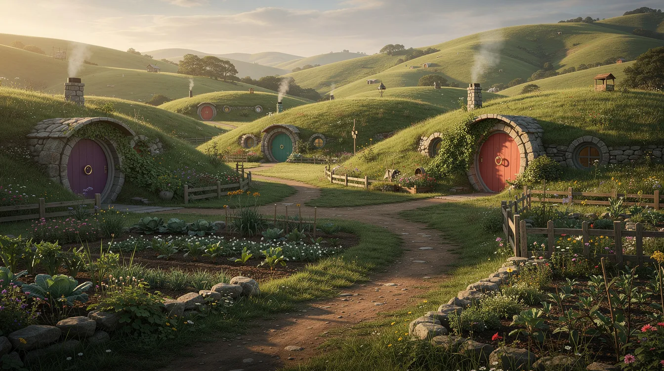 Das Bild zeigt eine panoramische Aussicht auf üppig grüne, sanft hügelige Landschaften mit kleinen, runden Türen, die in die Hügel eingebaut sind, was an eine friedliche, pastorale Fantasiewelt erinnert, ähnlich wie in den „Hobbit“-Filmen von Peter Jackson. Diese Szenerie könnte direkt aus Mittelerde stammen, wo die Hobbits leben und Abenteuer erleben.