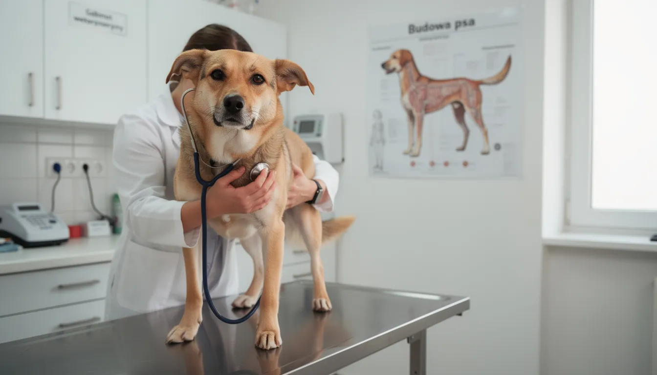 Na zdjęciu widoczny jest pies podczas wizyty w gabinecie weterynaryjnym, gdzie lekarz weterynarii bada jego stan zdrowia. W tle można dostrzec sprzęt medyczny oraz akcesoria, które pomagają w diagnostyce, co jest istotne dla oceny zdrowia psa i ewentualnych problemów z układem pokarmowym.