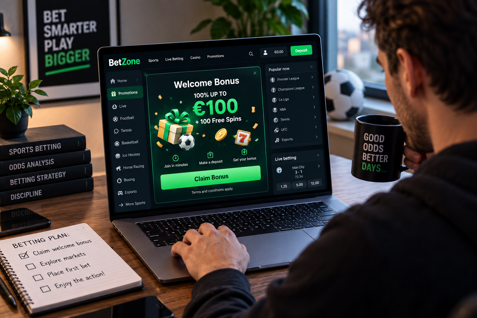 Person claiming a sports betting welcome bonus on a bookmaker website, featuring a €100 bonus offer and free spins.