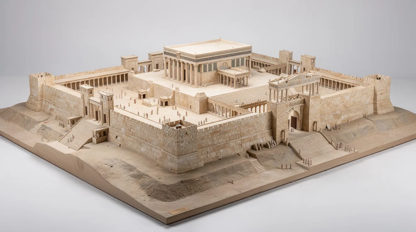 The image depicts a detailed scale model of the ancient Jerusalem Temple complex, showcasing its surrounding walls and courtyards, which were central to Jewish religious life during Jesus' time. This representation highlights the significant role of the Temple in the practices of various Jewish sects, including the Pharisees, who emphasized ritual purity and adherence to Jewish law.