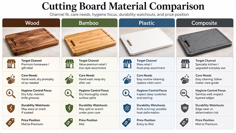 A cutting board material matrix comparing channel, care, hygiene controls, durability risks, and price position.