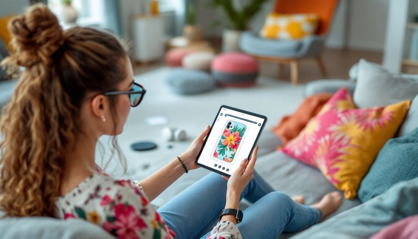 A person using a design tool on a tablet to customize a phone case.