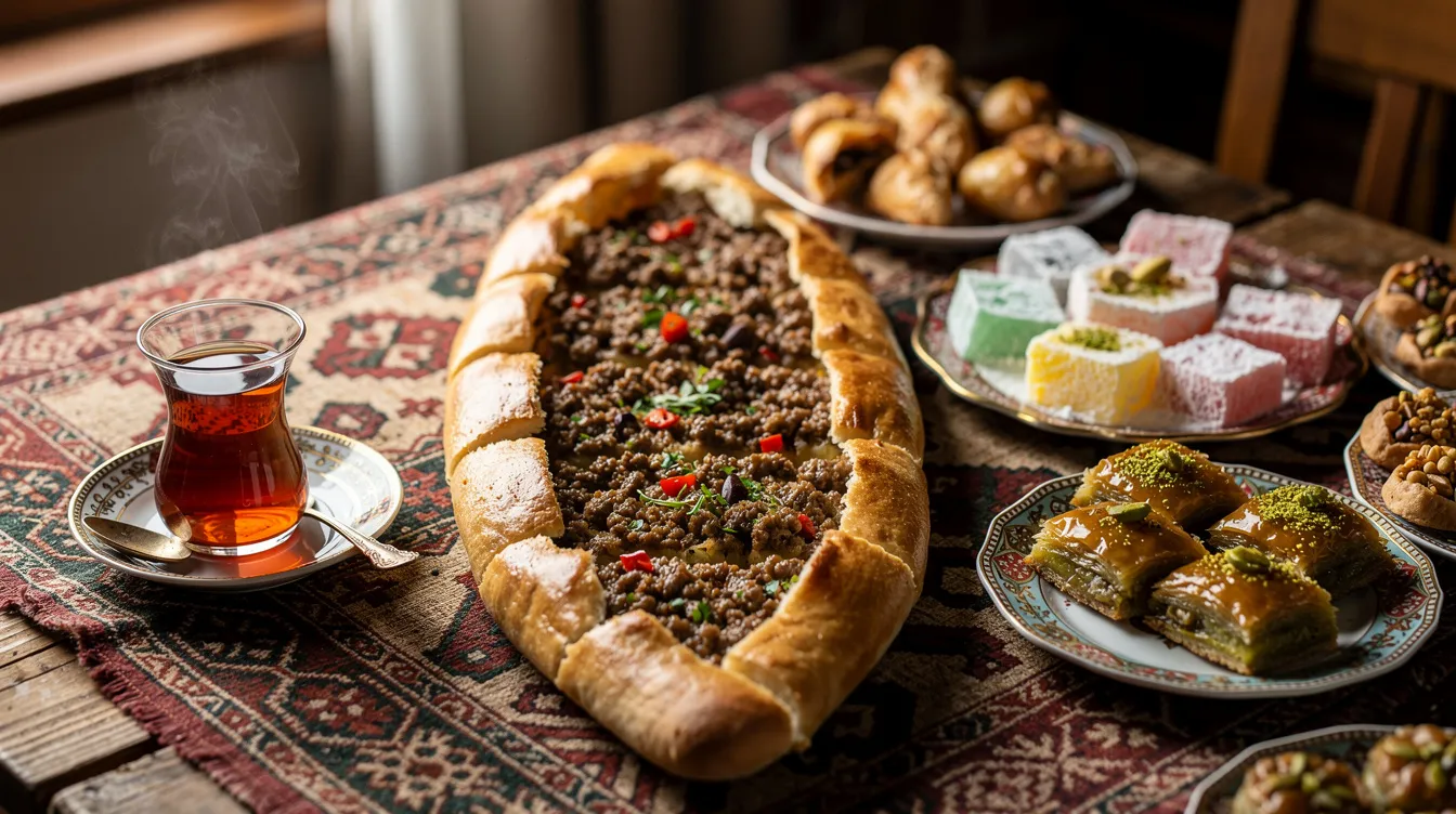Una mesa turca está decorada con etli ekmek, un plato tradicional, acompañado de té y dulces típicos. Este banquete evoca la rica cultura de Konya, un lugar emblemático en la historia del sufismo y la poesía de Rumi.