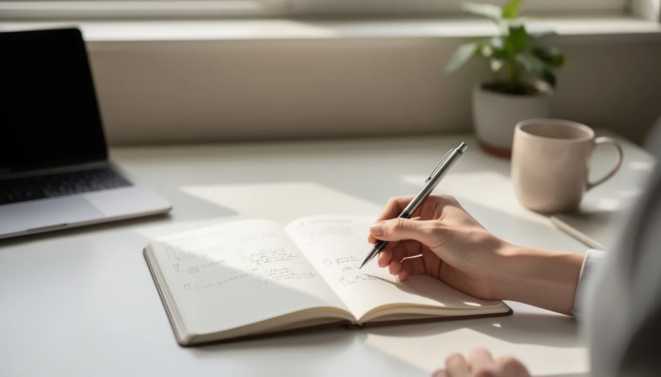 A person is focused on writing in a paper planner or journal at a clean desk, emphasizing the importance of time management for achieving a healthy work life balance. This scene reflects a commitment to personal time and mental well-being amidst a busy professional life.