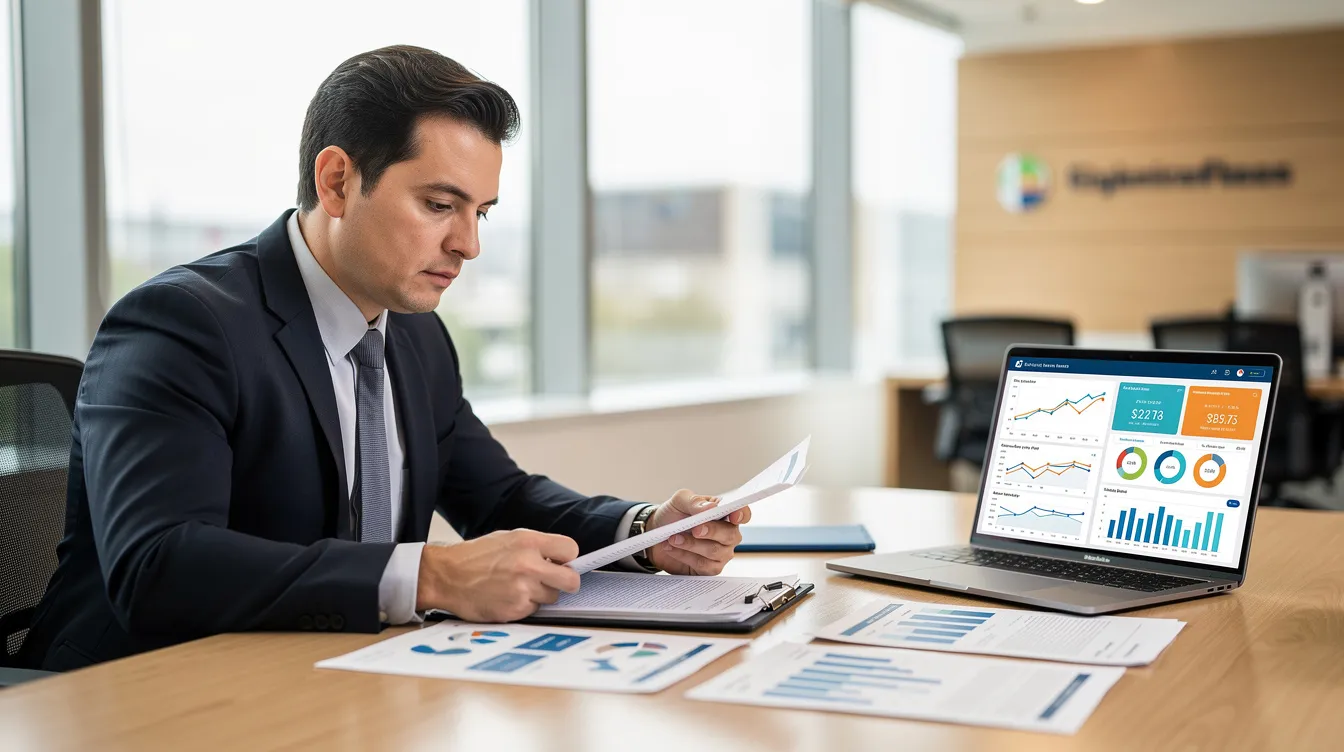 b6b76de2 61bb 4900 ba04 730c4786396e A bank officer is seated at a desk, intently reviewing a loan file alongside a laptop displaying financial data related to micro businesses. The setting suggests a focus on financial assistance, particularly for applicants seeking collateral-free loans under the Mudra scheme.