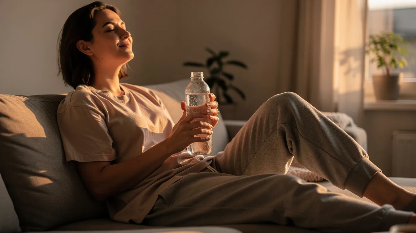 A relaxed person sits comfortably on a couch bathed in soft evening light, holding a glass water bottle. The serene atmosphere suggests an enjoyable experience, reminiscent of the calming effects of premium THCA snow caps, appealing to many cannabis enthusiasts.
