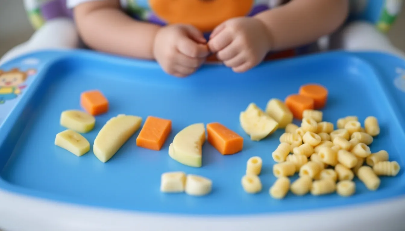 The image shows a variety of soft finger foods arranged neatly on a baby's high chair tray, including steamed sweet potatoes, scrambled eggs, and cherry tomatoes, perfect for practicing baby led weaning. These age-appropriate solid foods encourage self-feeding and help babies develop fine motor skills while exploring new tastes safely.