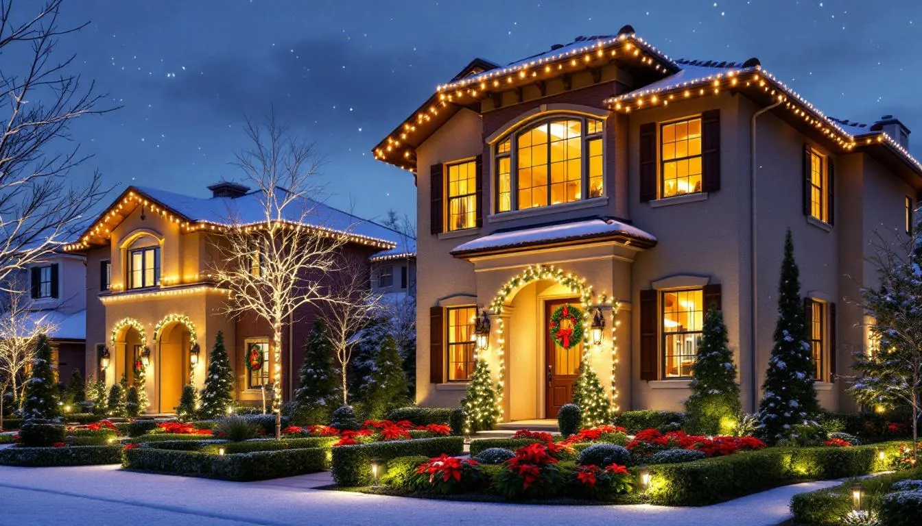The image showcases elegant homes in Lee County adorned with festive holiday lights and beautifully arranged seasonal landscaping, creating a warm and inviting atmosphere during the evening. Families and community members can be seen enjoying the decorations, capturing the spirit of the holidays in November 2025.