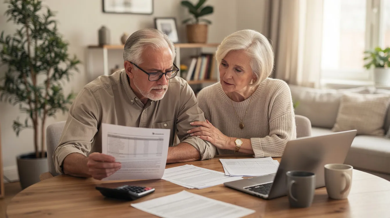 A senior couple sits at a table in their home, reviewing financial documents together, which likely include information on various annuity products such as fixed and variable annuities. They appear engaged in retirement planning, discussing strategies for guaranteed income and the potential benefits of investing in products issued by Prudential or other annuity providers.