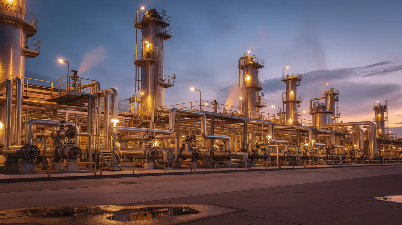 The image shows an industrial natural gas processing facility at dusk, featuring intricate networks of pipes and infrastructure typical of the oil and gas industry. The scene highlights the complexity of natural gas pipelines and the essential role of energy companies in managing these resources.