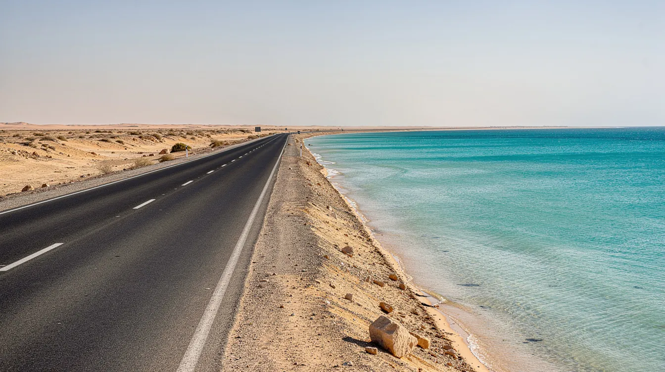 Route goudronnée le long de la lagune turquoise de Dakhla.