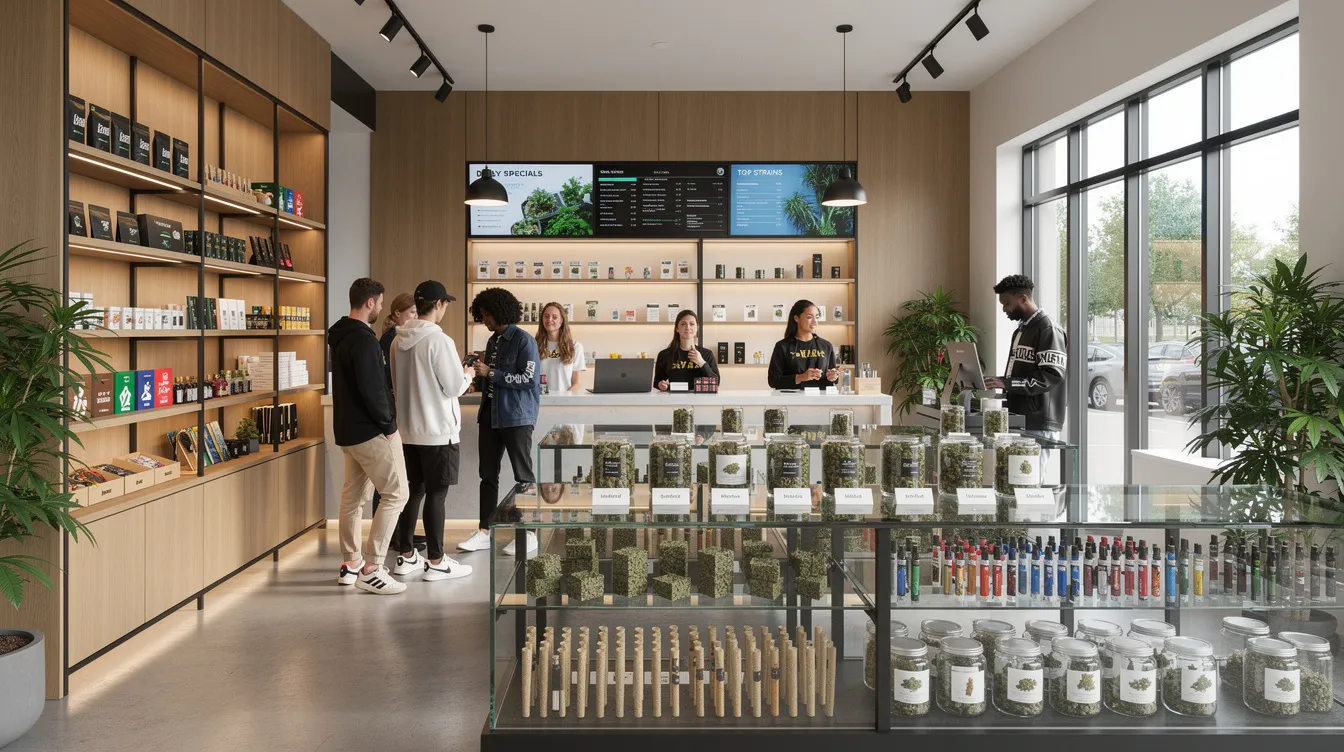 The image depicts a modern cannabis dispensary interior, featuring neatly arranged product displays showcasing various cannabis products and a few customers browsing the offerings. The space reflects the growing cannabis industry, emphasizing the importance of cannabis marketing and compliance with industry regulations.