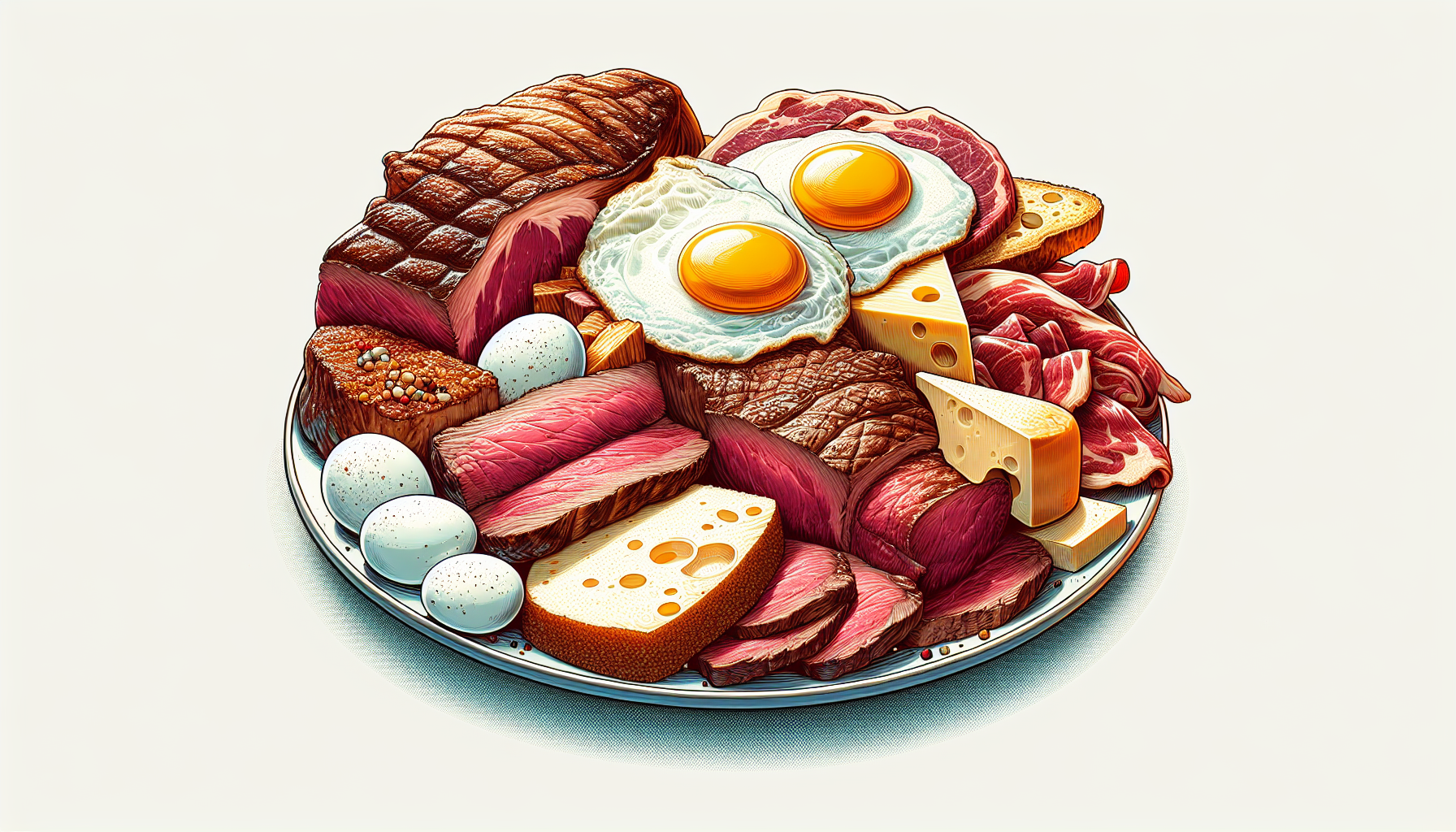 Illustration of a plate with a variety of animal-based foods