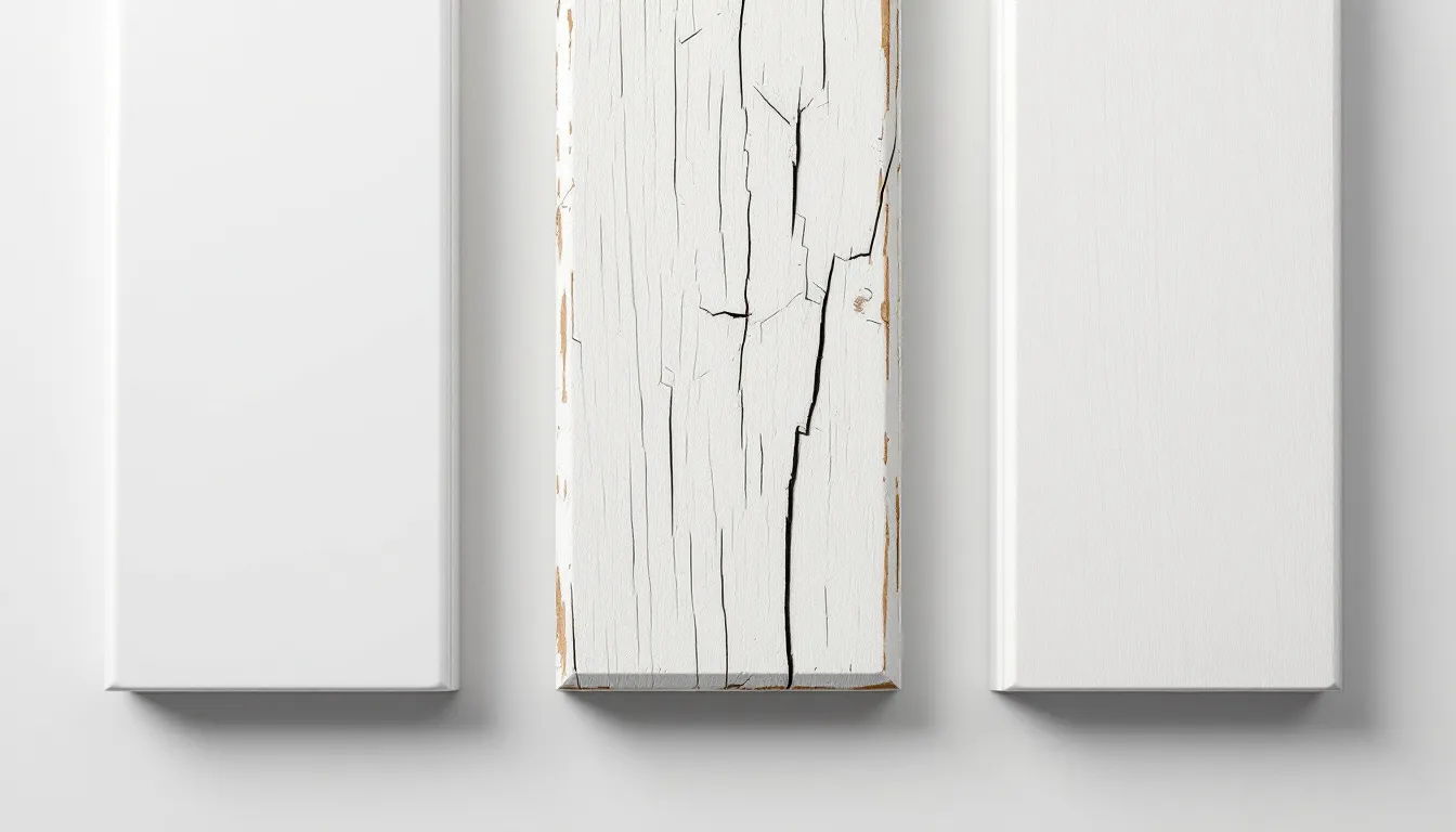 The image showcases a close-up view of various white furniture finishes, including high-gloss modern, distressed cottage-style, and natural wood Scandinavian treatments, highlighting the diversity in bedroom furniture styles. This selection features elements such as bedside tables and bed frames that can enhance any bedroom suite.