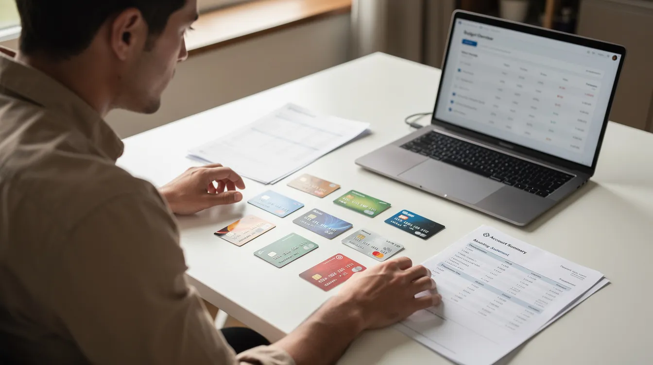 A person is seated at a desk, examining various credit cards and financial statements spread out on the table. The scene suggests a focus on understanding the terms of credit, including the actual annual interest rate and monthly repayment amounts for potential private loans.