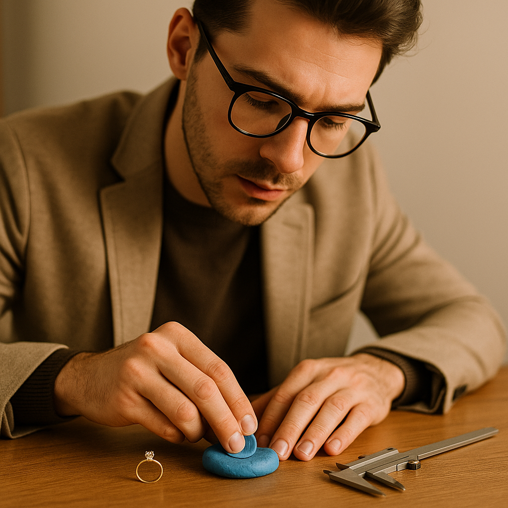 Vaikinas spaudžia sužadėtuvių žiedą į plastiliną, kad slapta nustatytų būsimą žiedo dydį.