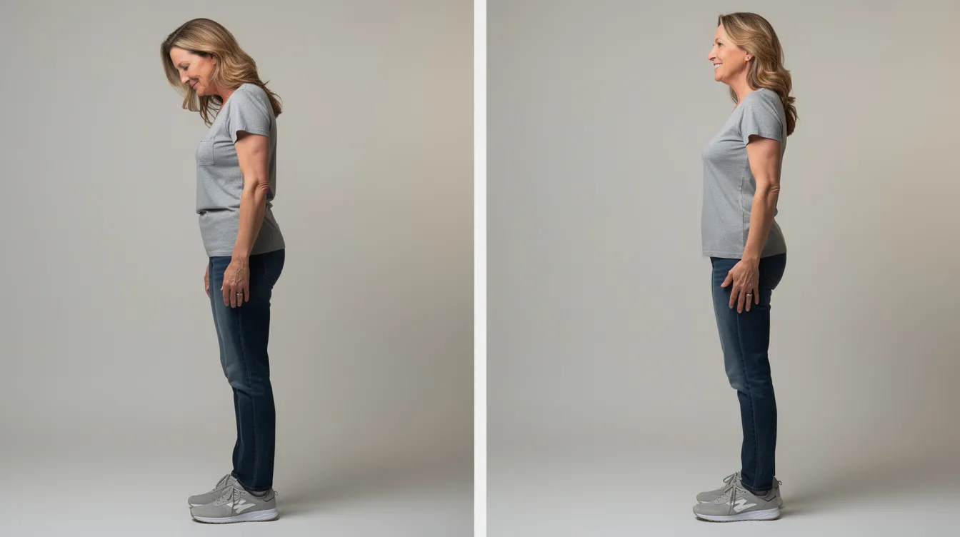 The image depicts a side-by-side comparison of a woman's posture and confidence before and after a breast lift procedure, showcasing a noticeable improvement in her stance and overall demeanor while wearing casual clothing. This transformation highlights the positive effects of surgical procedures on breast firmness and a more youthful appearance.