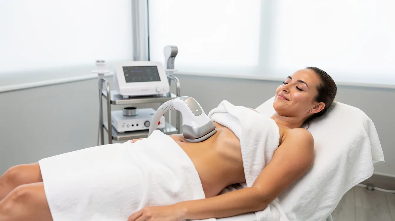 A patient is comfortably relaxing on a treatment bed in a clean, modern room while undergoing a non-invasive body contouring procedure targeting stubborn fat on her abdomen. This treatment utilizes ultrasound energy to destroy fat cells, promoting fat reduction without the need for surgery and leaving surrounding tissues unharmed.