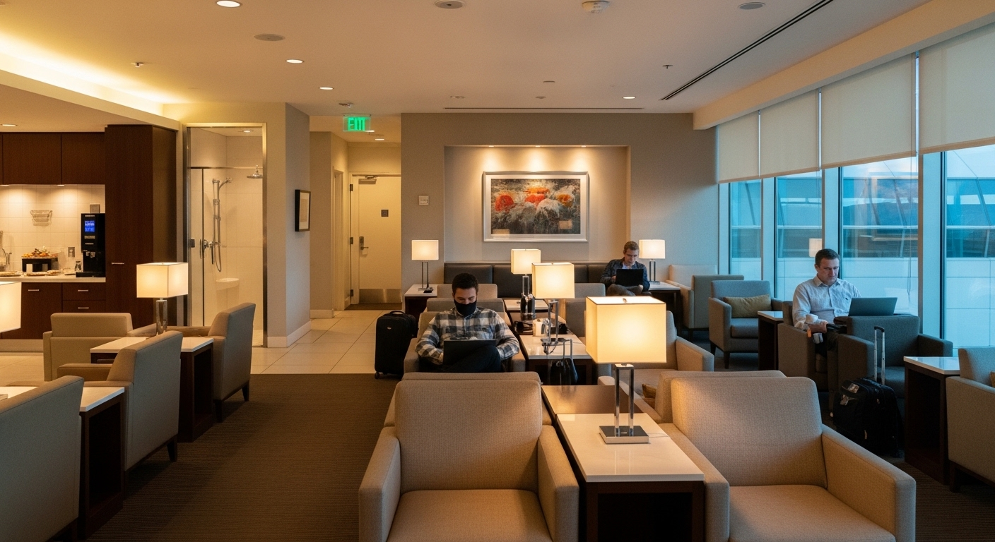 Quiet airport lounge experience before a business class flight, with comfortable seating, food, and space to relax before boarding.