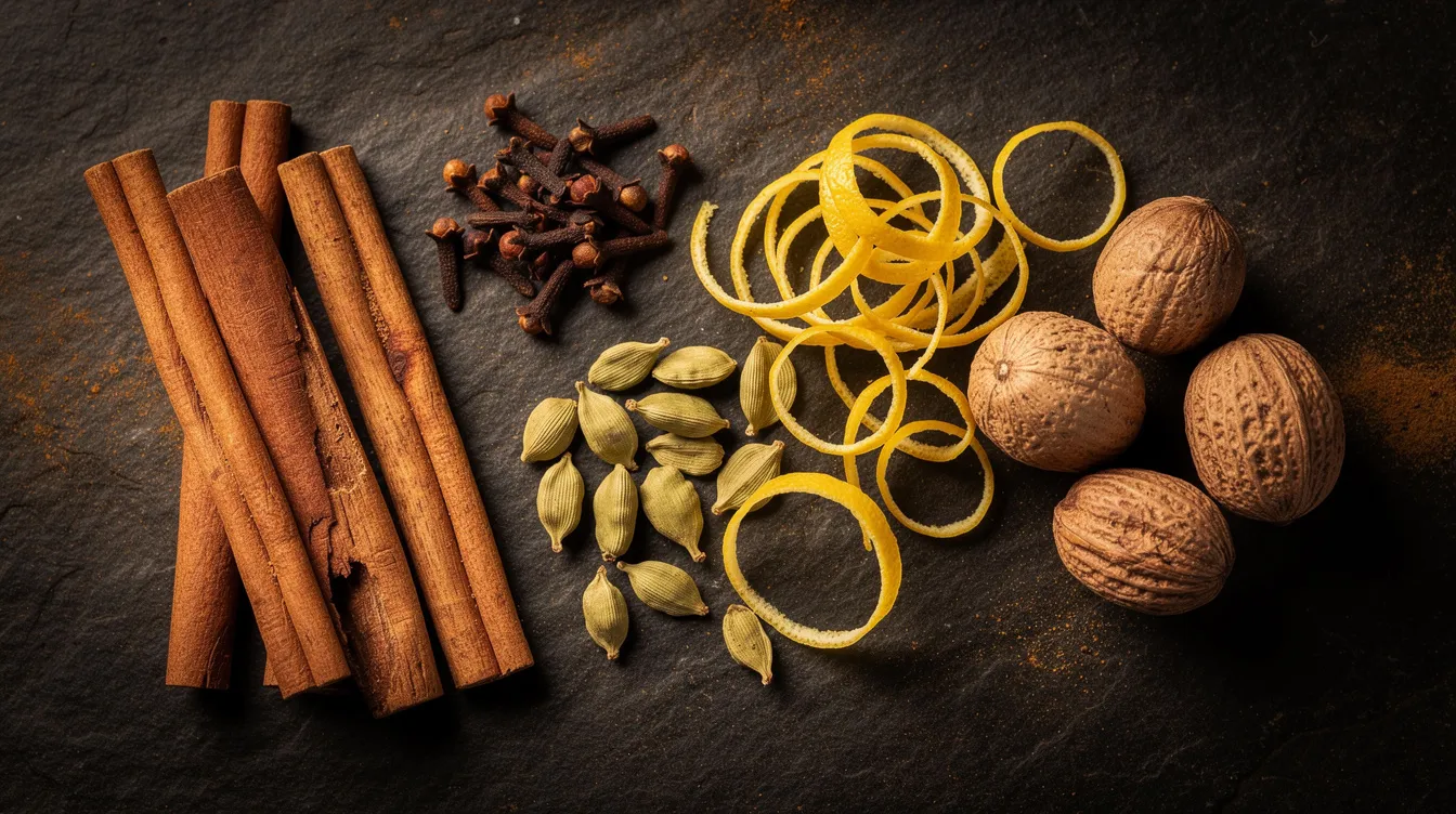Das Bild zeigt ein ansprechend arrangiertes Gewürz-Arrangement mit Zimtstangen, ganzen Nelken, Kardamomkapseln, Muskatnüssen und frischer Zitronenschale auf einem dunklen Untergrund. Diese aromatischen Zutaten sind ideal für die Zubereitung traditioneller Gerichte wie der schlesischen Weißwurst oder festlicher Weihnachtsessen.
