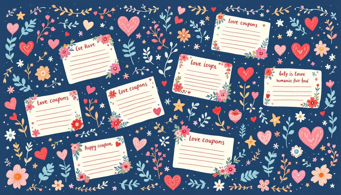A collection of DIY love coupons designed as gift ideas for a romantic date night.