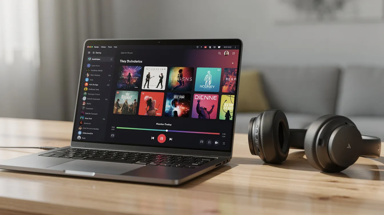 The image features a laptop displaying a music streaming platform interface, with a pair of headphones placed beside it, symbolizing the intersection of technology and the music industry. This setup reflects the importance of intellectual property protection for artists and their original works in the entertainment law sector.