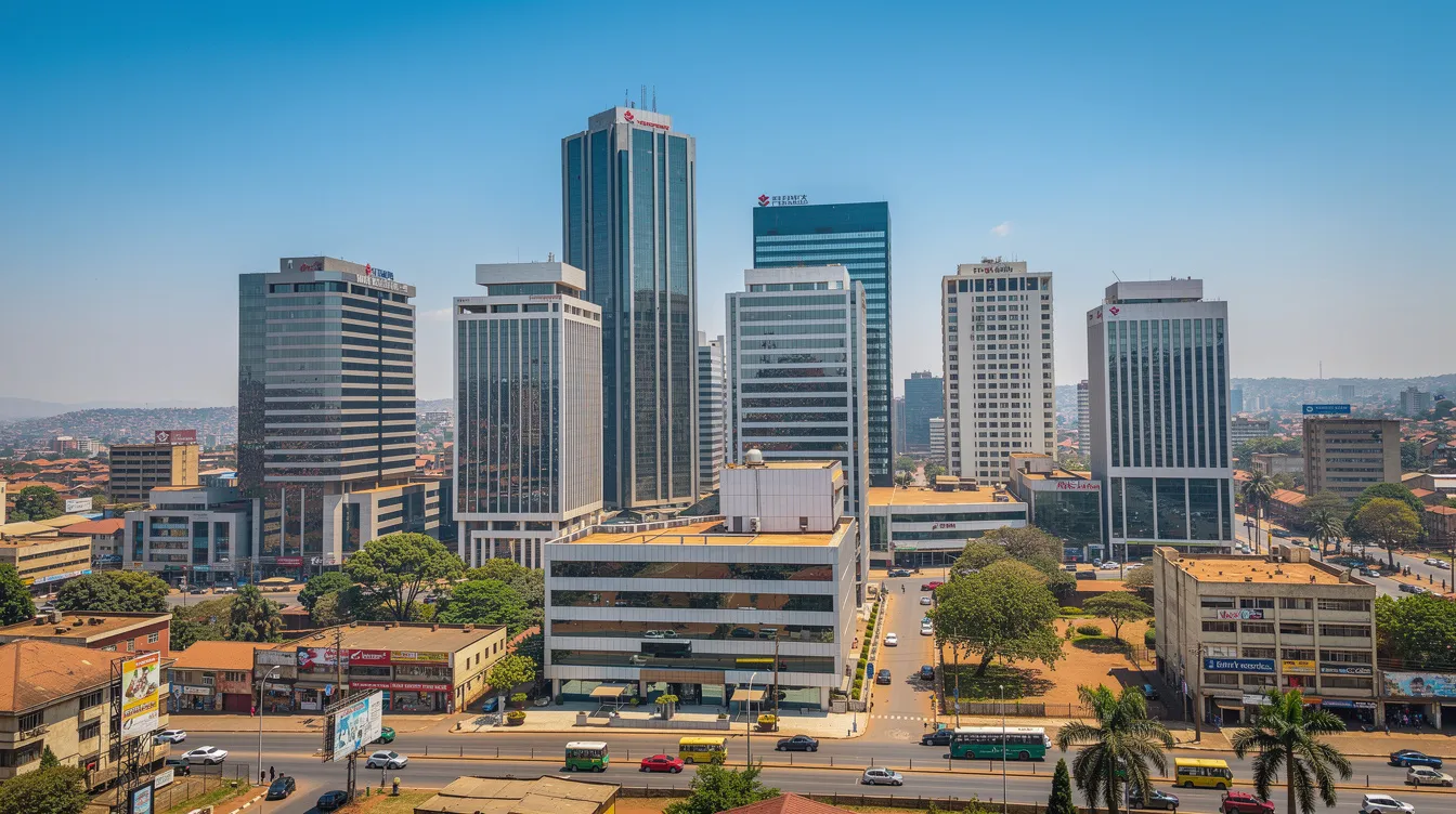 The image showcases a modern city skyline in Kampala, Uganda, featuring tall commercial buildings reaching towards a clear blue sky. This vibrant urban landscape reflects the growth of banking services and digital solutions, such as those offered by Standard Chartered Bank and Centenary Bank, catering to both individual customers and businesses in the country.